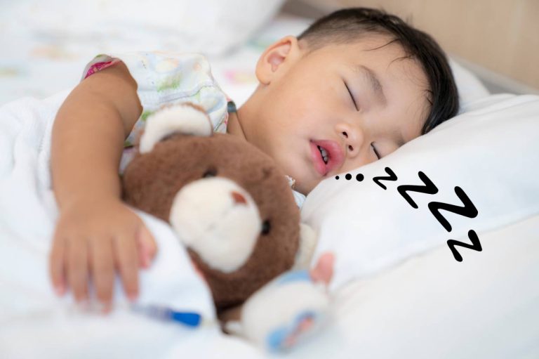 A child sleeping with her mouth open, leading to mouth breathing.